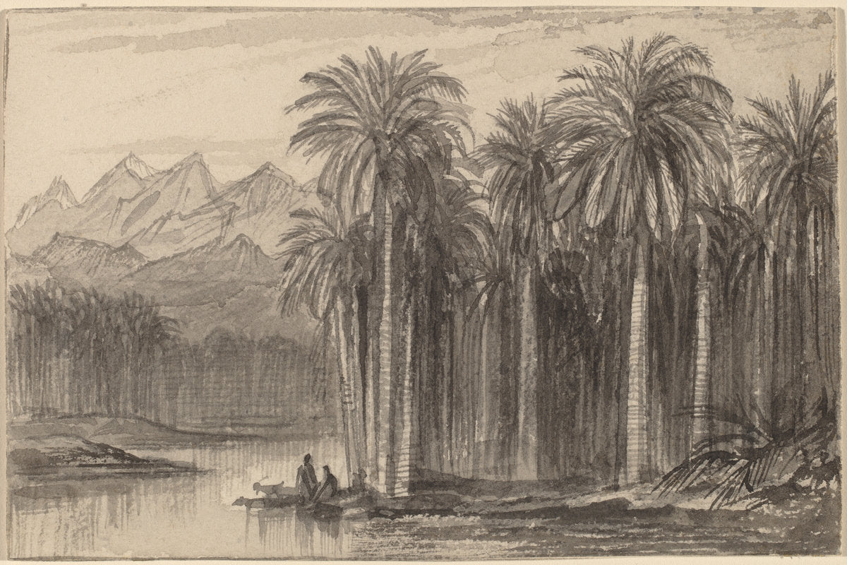 Figures Setting Out in Canoes from a Palm Grove (Wady Feiran) by Edward Lear (British, 1812 - 1888), 16X12"(A3)Poster Print