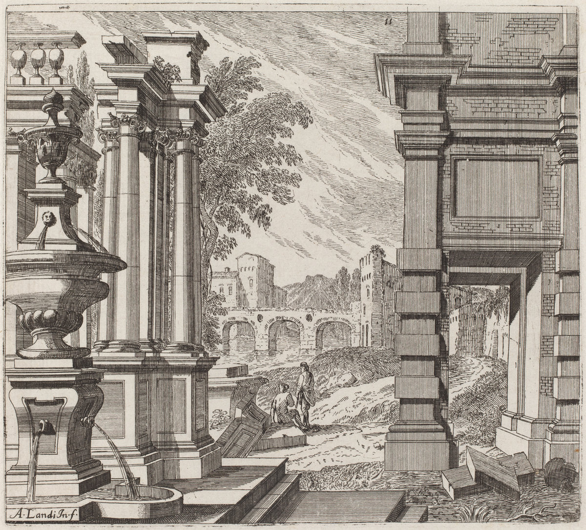 Architectural Fantasy with a Fountain, Classical Ruins, and a Bridge by Giuseppe Antonio Landi (Italian, 1713 - 1791), 16X12"(A3)Poster Print