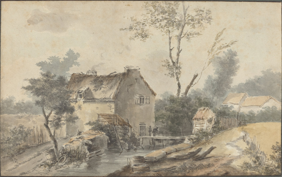 Mill with Bridge and Figures by Louis Gabriel Moreau (French, 1739 - 1806), 16X12"(A3)Poster Print