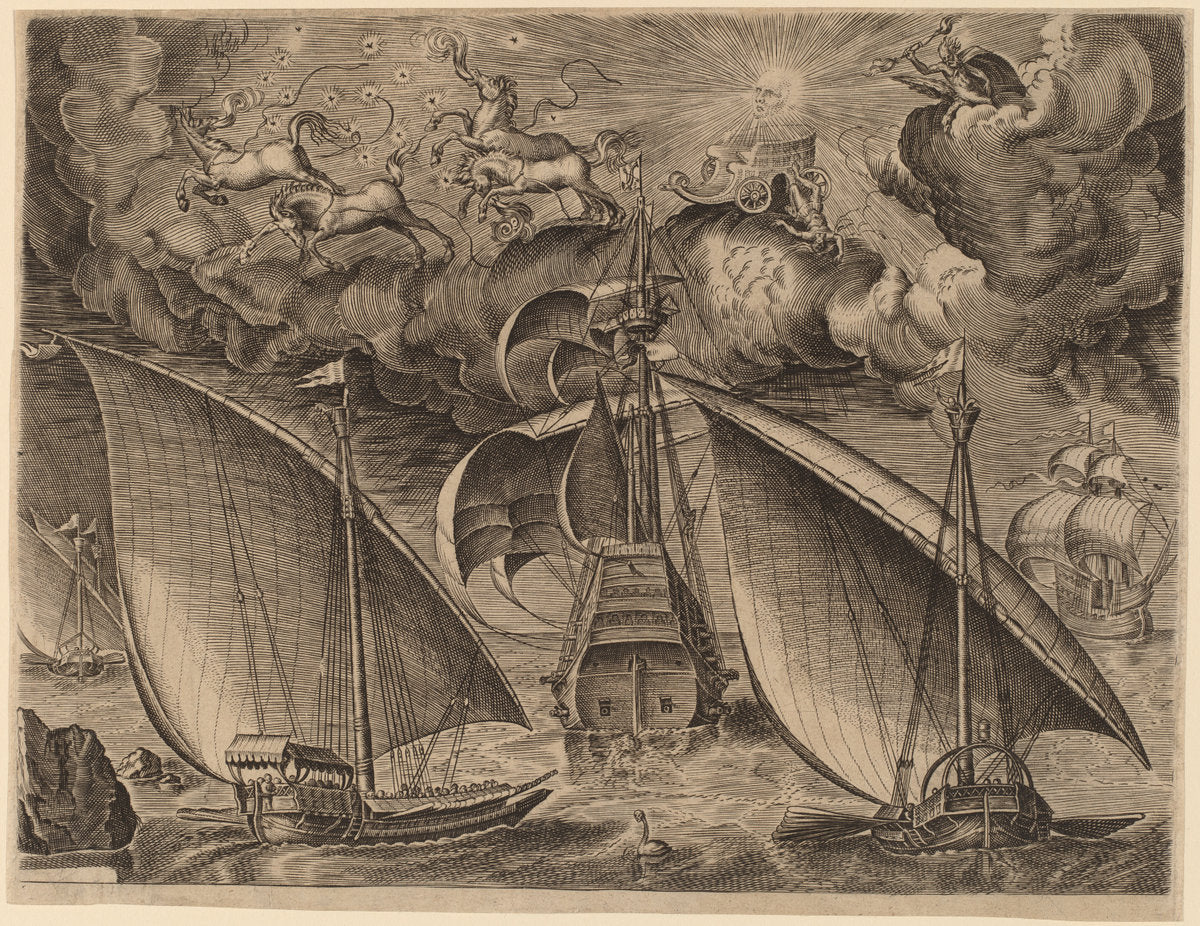 Two Galleys behind an Armed Three-Master with Phaethon and Jupiter in the Sky by Frans Huys after Pieter Bruegel the Elder (Flemish, 1522 - 1562), 16X12"(A3)Poster Print