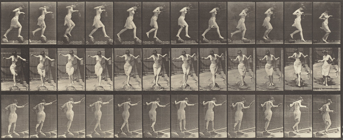 Plate 175. Crossing brook on stepping-stones with a fishing pole and can by Eadweard Muybridge (American, born England, 1830 - 1904), 16X12"(A3)Poster Print