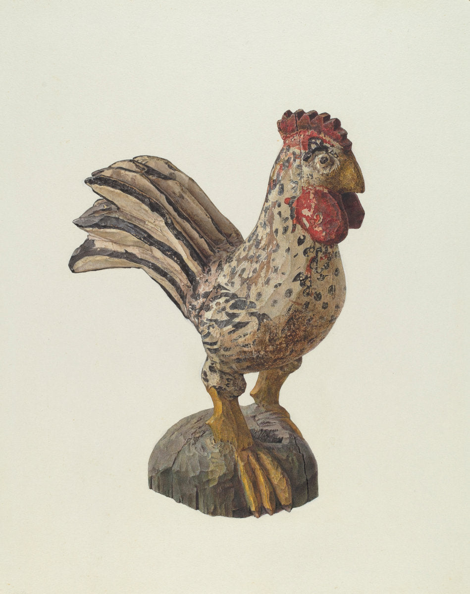 Rooster Woodcarving by Marian Page (American, active c. 1935), 16X12"(A3)Poster Print
