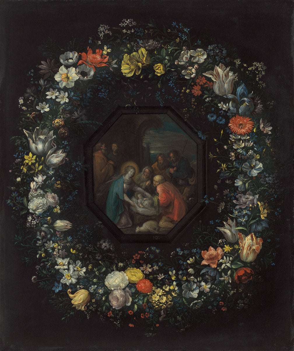 Garland of Flowers with Adoration of the Shepherds by Frans Francken the Younger and Master HDB (Flemish, 1581 - 1642), 16X12"(A3)Poster Print