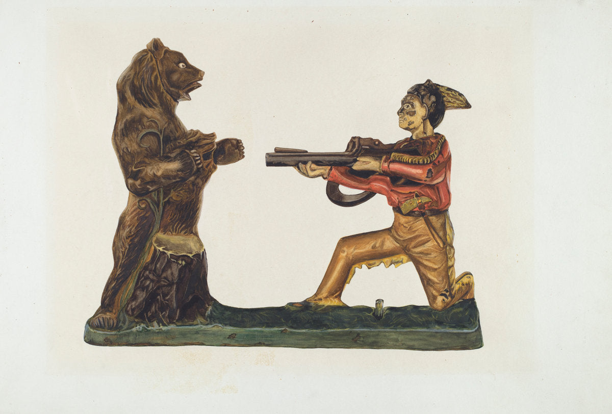 Toy Bank: Hunter Shooting Bear by Einar Heiberg (American, active c. 1935), 16X12"(A3)Poster Print