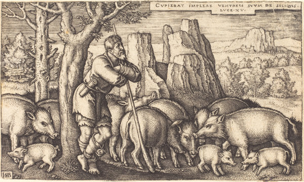 The Prodigal Son with the Swine by Sebald Beham (German, 1500 - 1550), 16X12"(A3)Poster Print