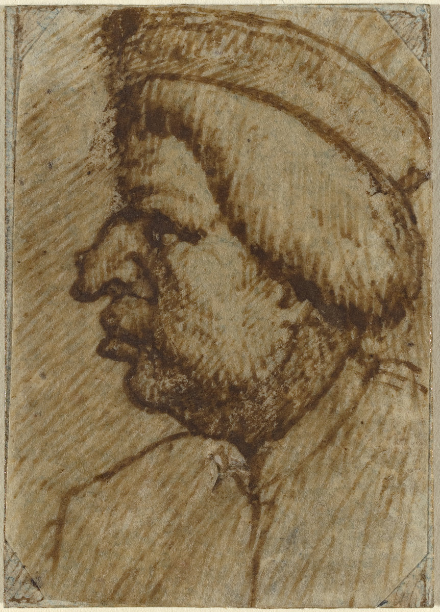 pen and brown ink and brown wash on blue laid paper by Lombard 16th Century (Profile of a Man), 16X12"(A3)Poster Print