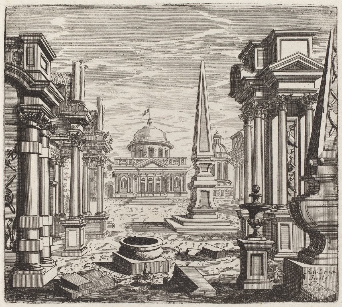 Architectural Fantasy with Obelisks, Ruins, and a Piazza by Giuseppe Antonio Landi (Italian, 1713 - 1791), 16X12"(A3)Poster Print