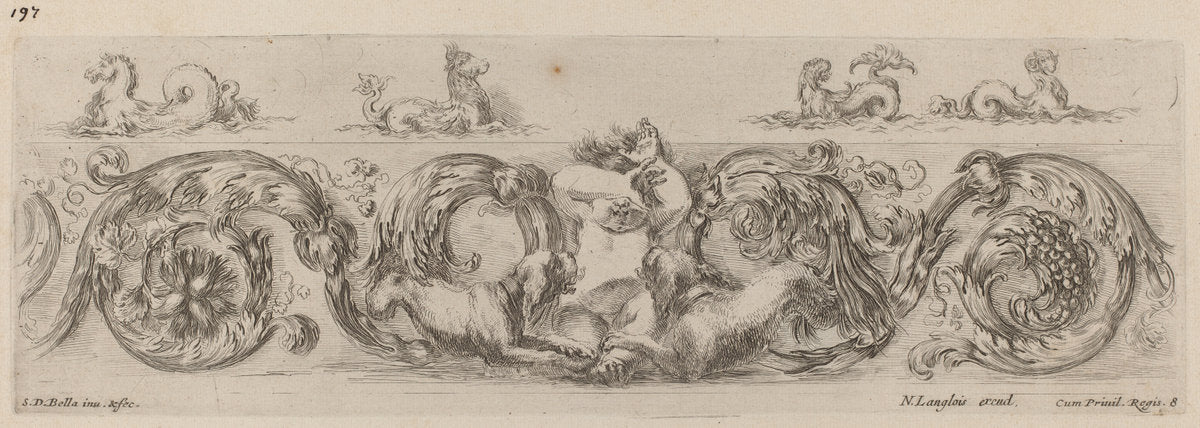 Ornamental Frieze with Marine Creatures by Stefano Della Bella (Italian, 1610 - 1664), 16X12"(A3)Poster Print