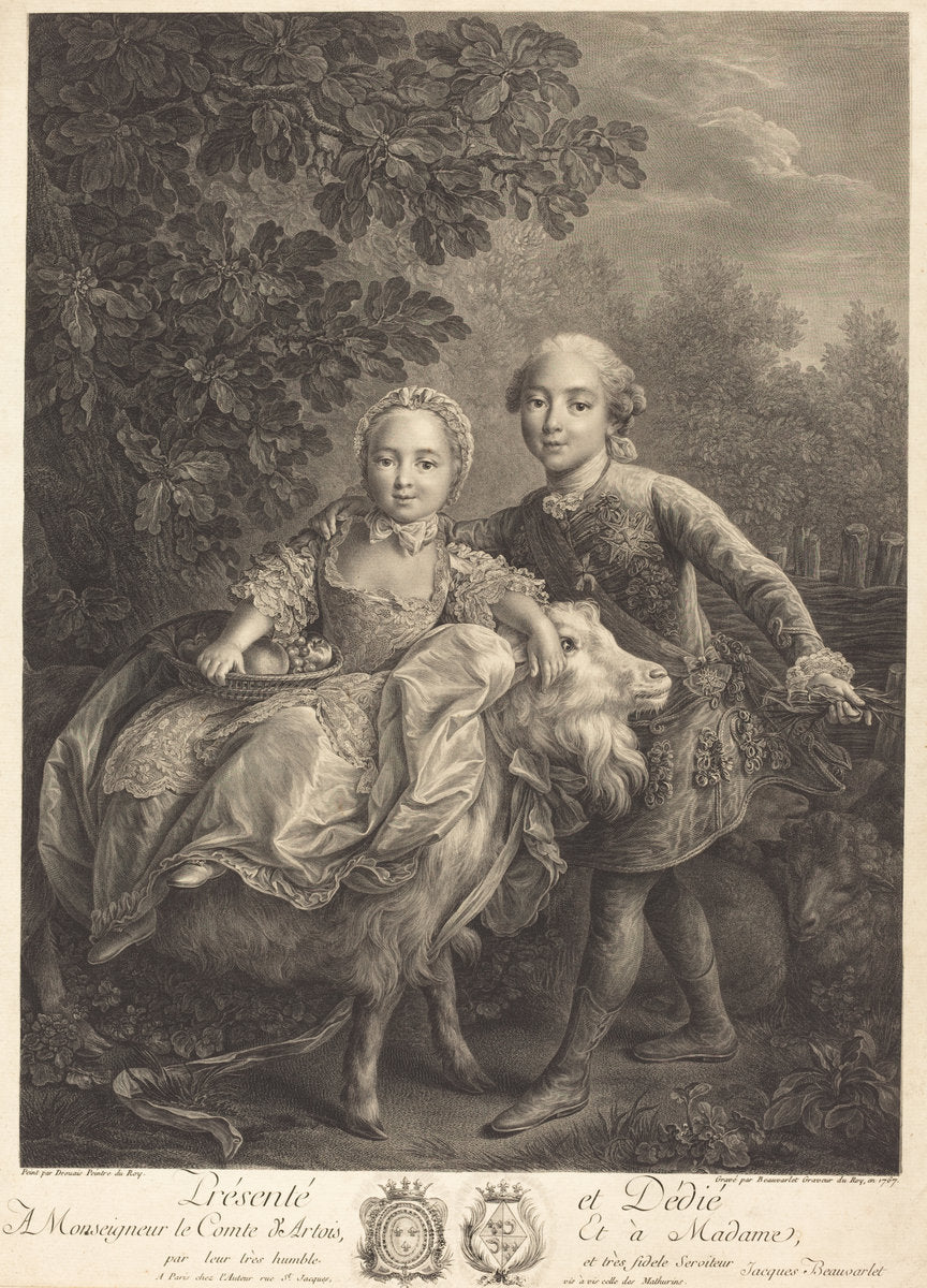 Le Comte d'Artois as an enfant with Mlle. Clotide by Jacques-Firmin Beauvarlet after François-Hubert Drouais (French, 1731 - 1797), 16X12"(A3)Poster Print