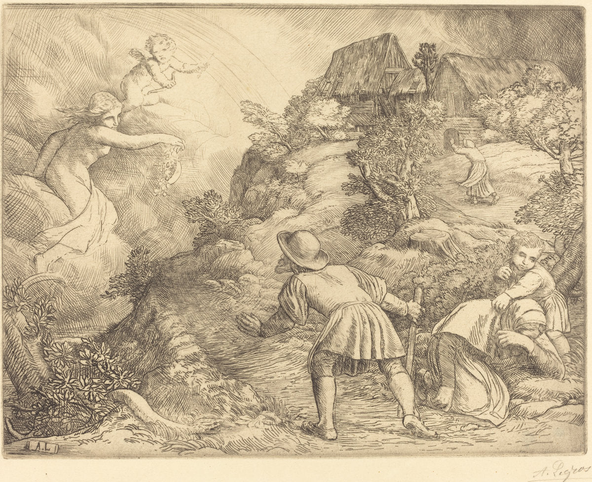 Allegory of the Peasant and Fortune (Le paysan et la fortune: Sujet allegorique) by Alphonse Legros (French, 1837 - 1911), 16X12"(A3)Poster Print