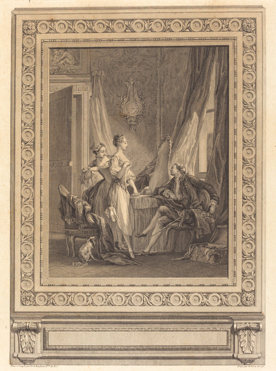 La toilette by Nicolas Ponce after Pierre-Antoine Baudouin with border by Charles-Nicolas Cochin II (French, 1715 - 1790), 16X12"(A3)Poster Print