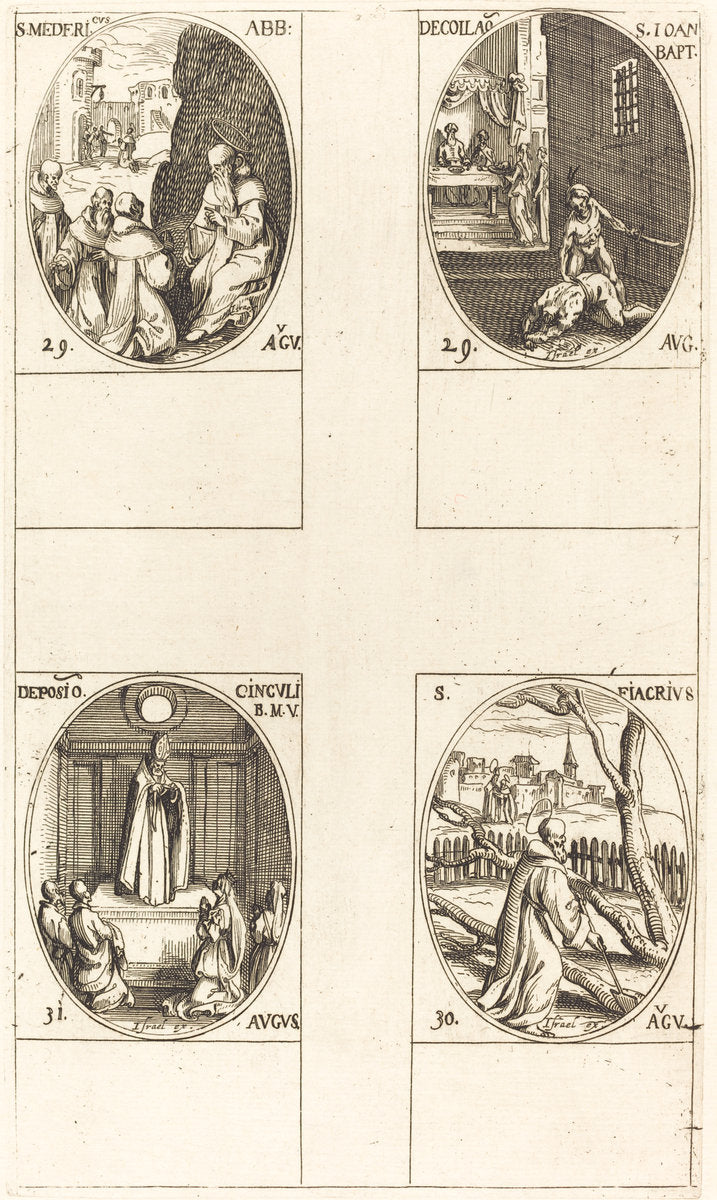 St. Mederic, Abbot; Beheading of John the Baptist; St. Fiacre; Festival of the Virgin by Jacques Callot (French, 1592 - 1635), 16X12"(A3)Poster Print
