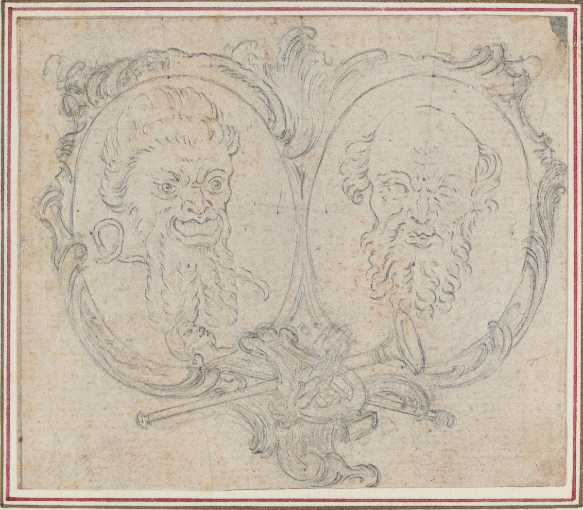 Double Cartouche with Two Heads and Symbols of Fame and Folly by Hubert François Gravelot (French, 1699 - 1773), 16X12"(A3)Poster Print