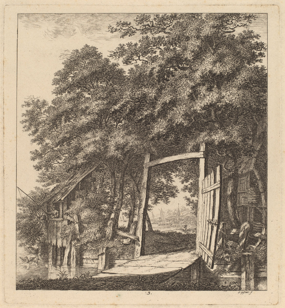 A Rustic Gate beside a Lake by Salomon Gessner (Swiss, 1730 - 1788), 16X12"(A3)Poster Print