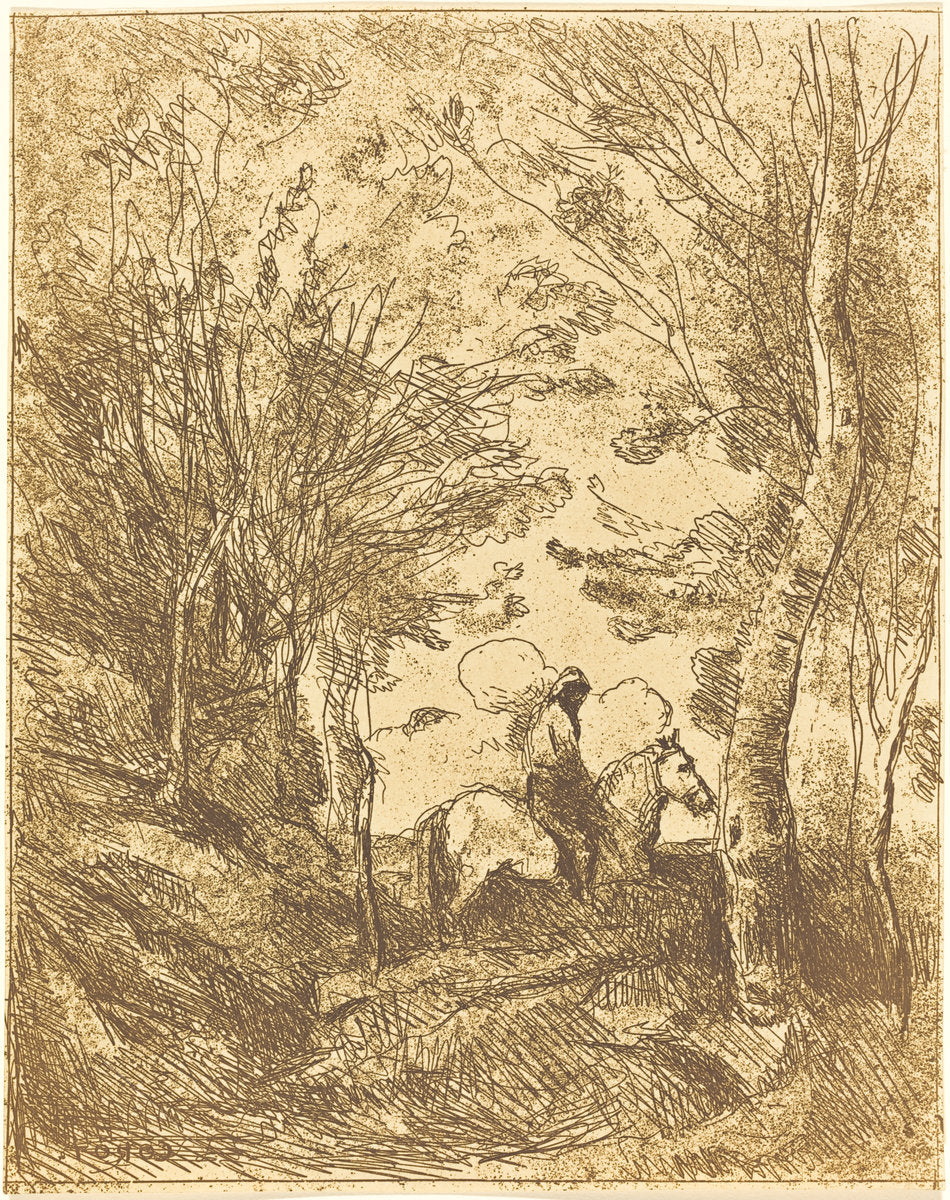 Horseman in the Woods, Large Plate (Le Grand Cavalier sous bois) by Jean-Baptiste-Camille Corot (French, 1796 - 1875), 16X12"(A3)Poster Print