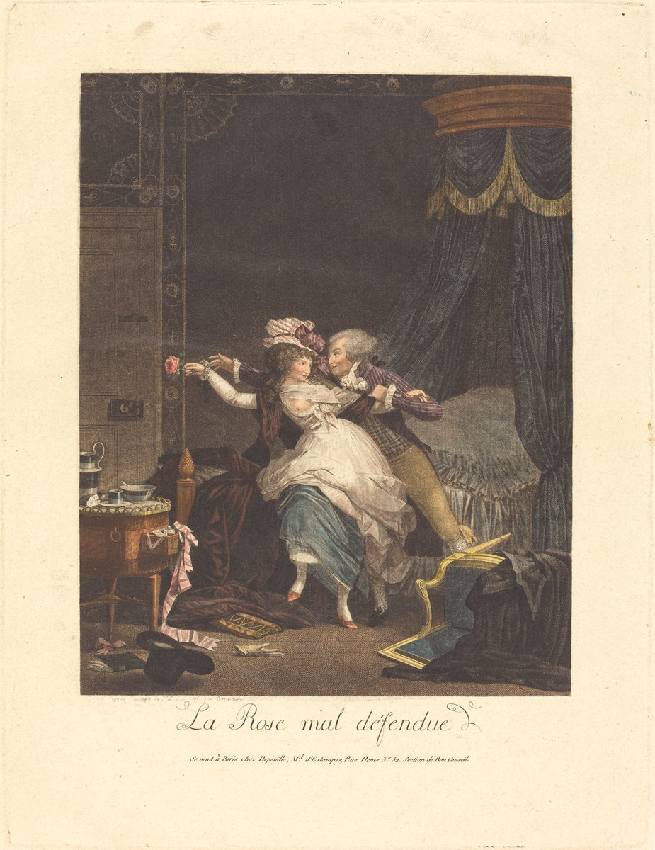 La Rose mal defendue (The Poorly Defended Rose) by Bonnemain (family member) after Philibert-Louis Debucourt (French, active 18th century), 16X12"(A3)Poster Print