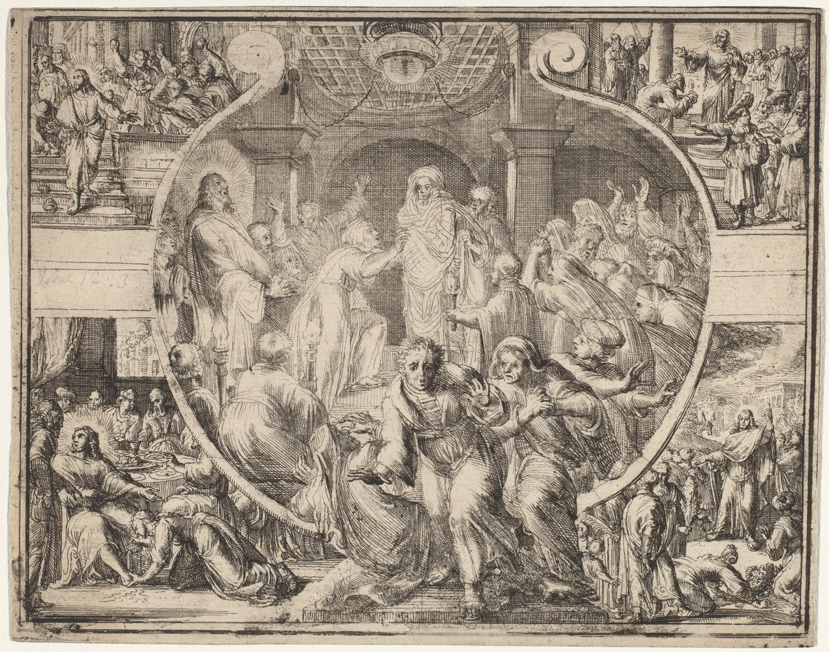Raising of Lazarus with Scenes from the Life of Christ by Romeyn de Hooghe (Dutch, 1645 - 1708), 16X12"(A3)Poster Print