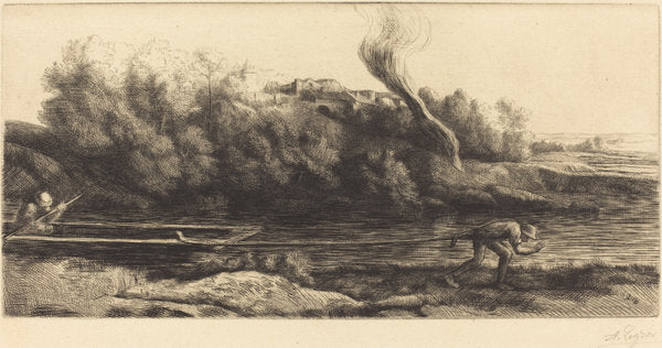 Landscape with Boat, 2nd plate (Paysage au bateau) by Alphonse Legros (French, 1837 - 1911), 16X12"(A3)Poster Print