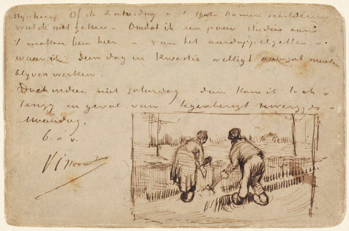 Postcard with Two Peasants Digging by Vincent van Gogh (Dutch, 1853 - 1890), 16X12"(A3)Poster Print