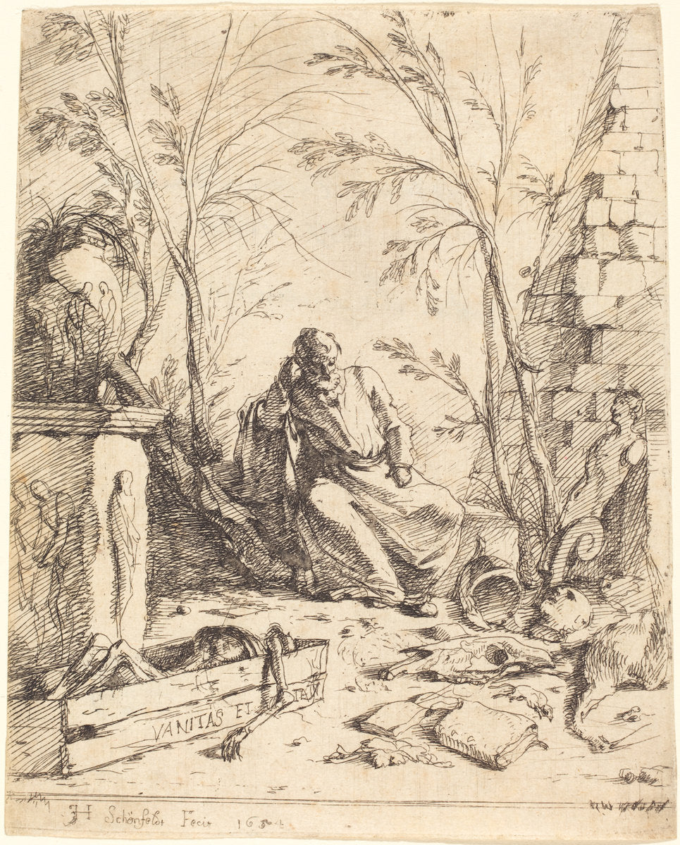 Democritus Meditating by Johann Heinrich Schönfeld (German, 1609 - c. 1682), 16X12"(A3)Poster Print