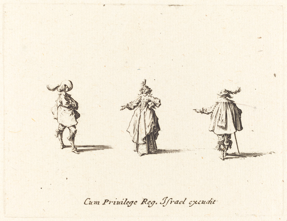 Lady with Outstretched Arm, and Two Gentlemen by Jacques Callot (French, 1592 - 1635), 16X12"(A3)Poster Print