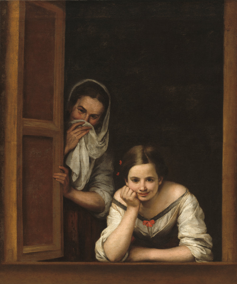 Two Women at a Window by Bartolomé Esteban Murillo (Spanish, 1617 - 1682), 16X12"(A3)Poster Print