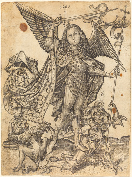 Saint Michael Defeating the Devils by Master E.S. (German, active c. 1450 - active 1467), 16X12"(A3)Poster Print