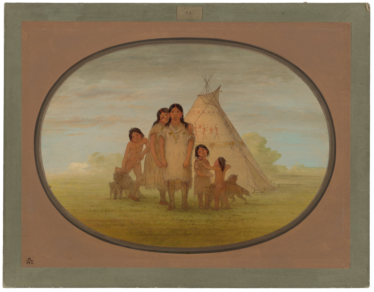Camanchee Chief's Children and Wigwam by George Catlin (American, 1796 - 1872), 16X12"(A3)Poster Print