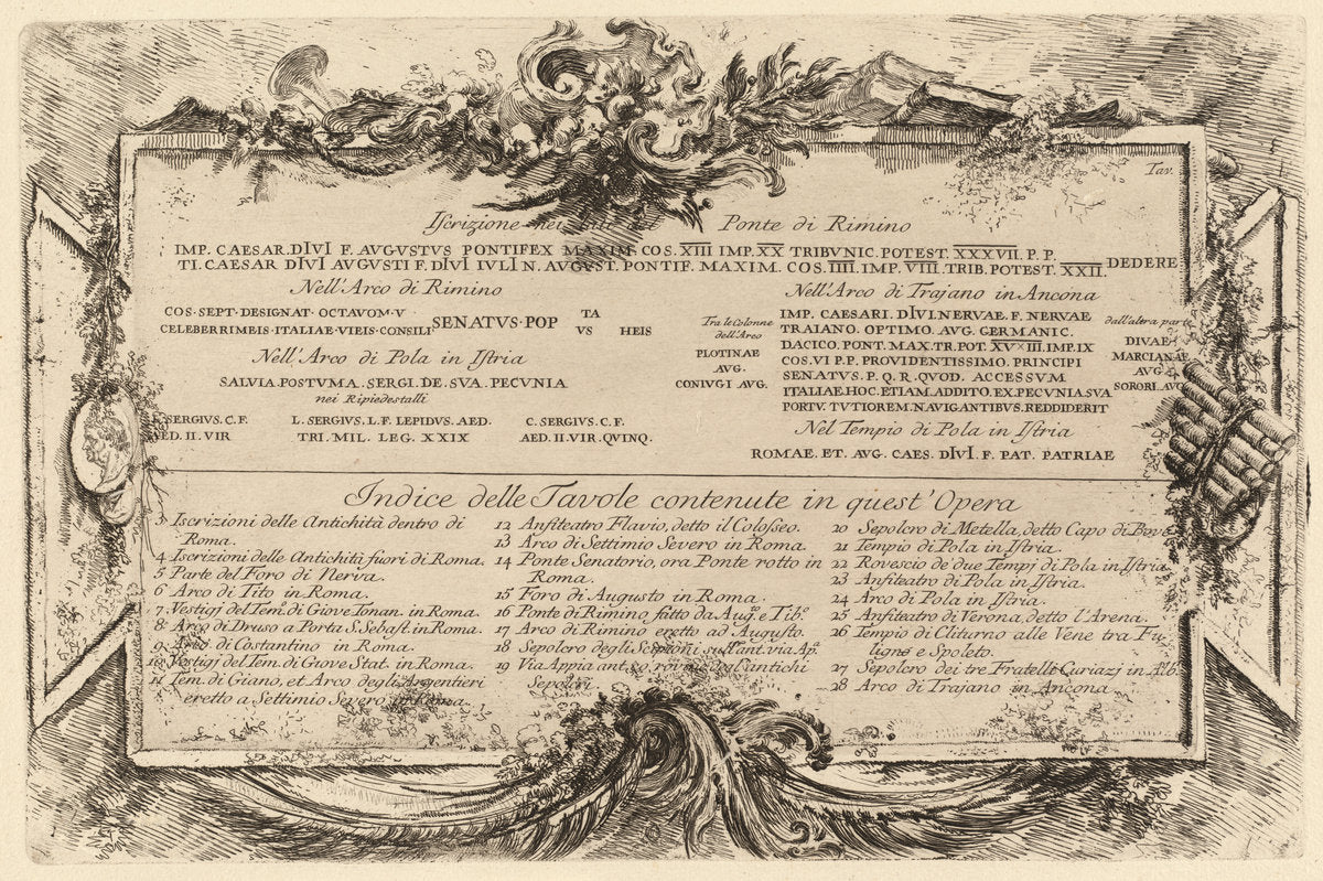 Text Plate by Giovanni Battista Piranesi (Venetian, 1720 - 1778), 16X12"(A3)Poster Print