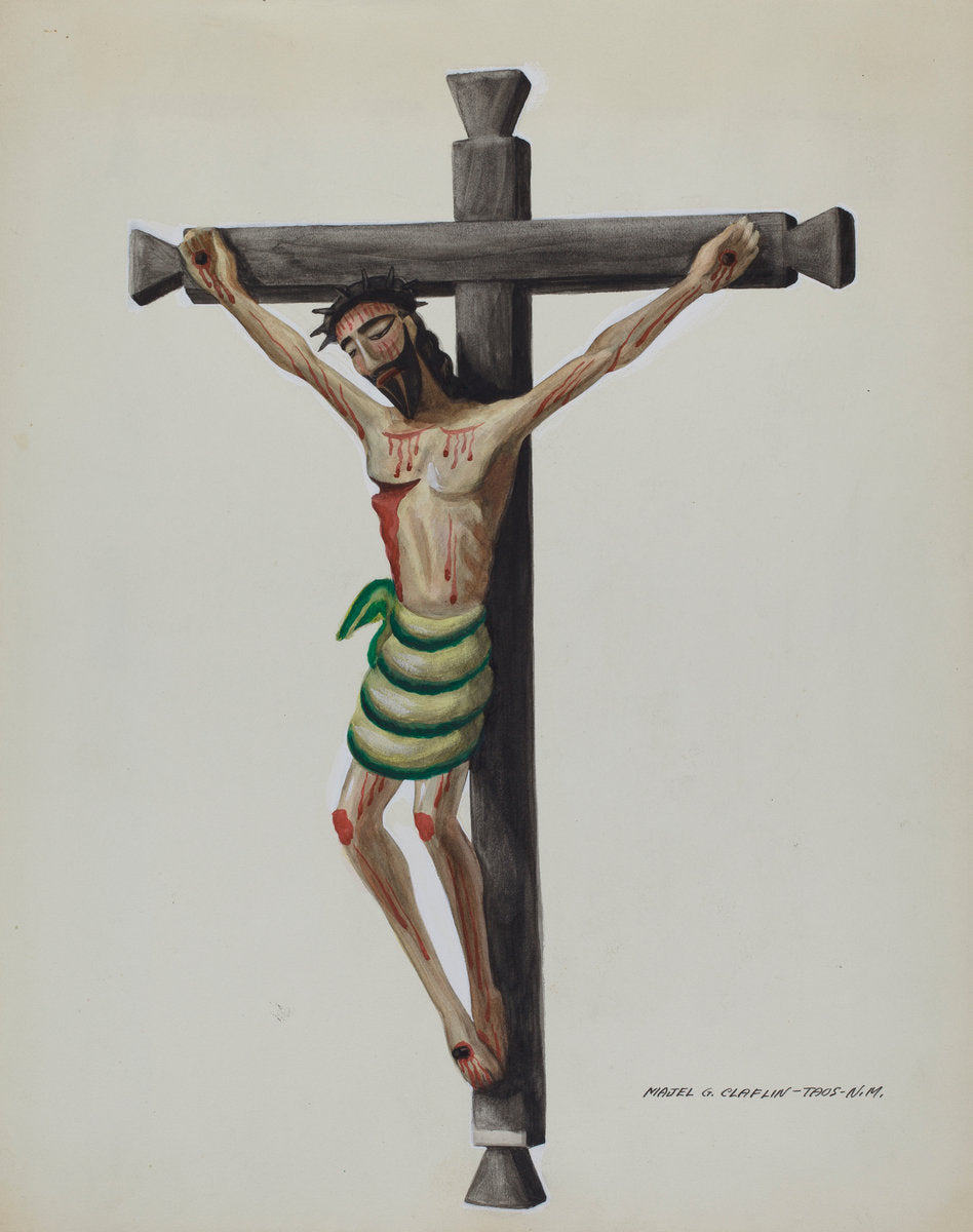 Cristo, Carved and Painted, on Black Carved Wooden Cross by Majel G. Claflin (American, active c. 1935), 16X12"(A3)Poster Print