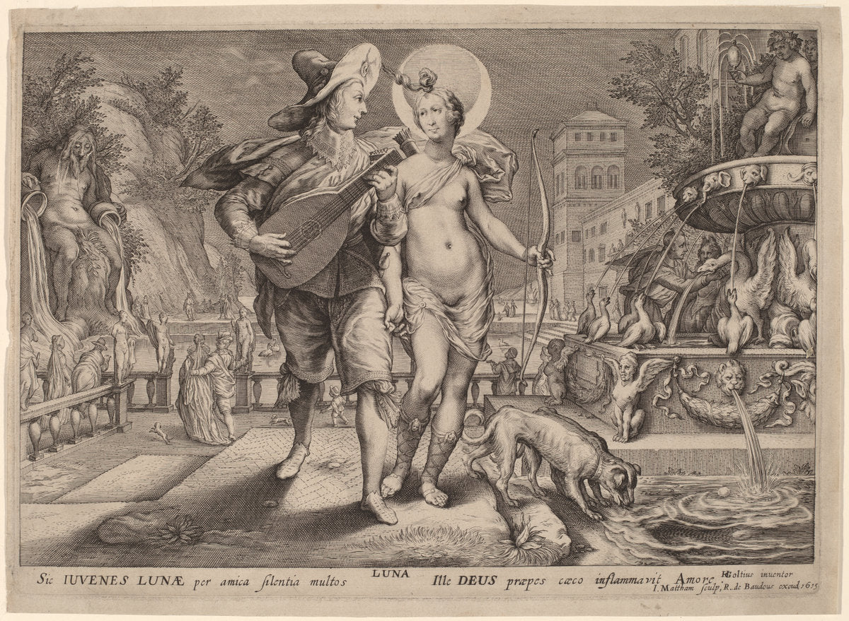 Diana as Luna Accompanying a Young Man Serenading by Jacob Matham, after Hendrik Goltzius (Dutch, 1571 - 1631), 16X12"(A3)Poster Print