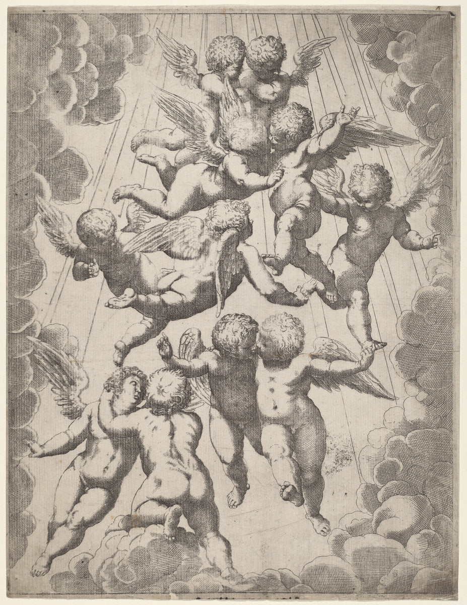 1607 by Italian 17th Century, after Guido Reni, after Luca Cambiaso (A Group of Angels in Glory), 16X12"(A3)Poster Print
