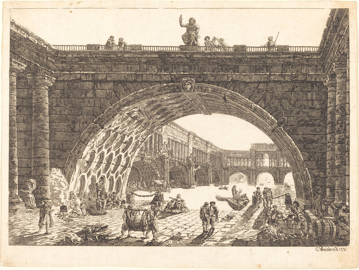 Architectural Fantasy of a Monumental Port by Carl Wilhelm Weisbrod after Hubert Robert (German, 1743 - 1806), 16X12"(A3)Poster Print