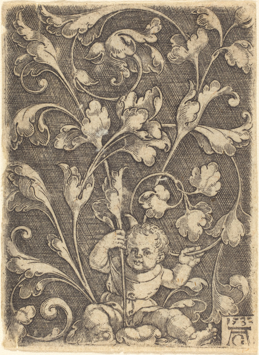 Scroll Ornament with Seated Child by Heinrich Aldegrever (German, 1502 - 1555/1561), 16X12"(A3)Poster Print
