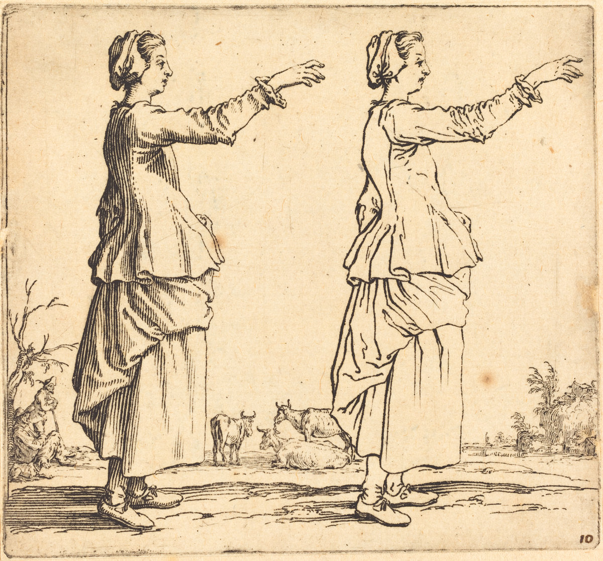 Peasant Woman, in Profile, Facing Right, with Arm Extended by Jacques Callot (French, 1592 - 1635), 16X12"(A3)Poster Print