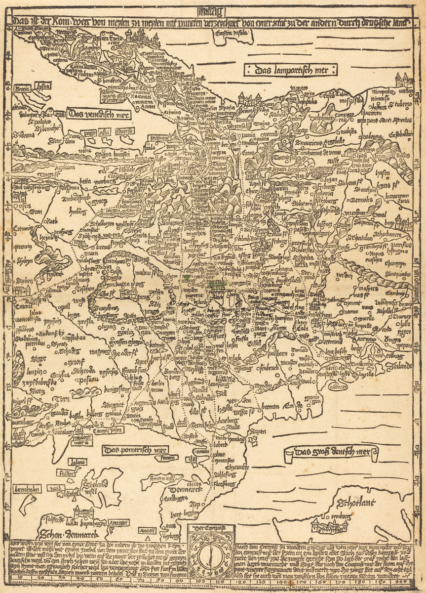 Road Map of Central Europe by Erhard Etzlaub (German, died 1532), 16X12"(A3)Poster Print