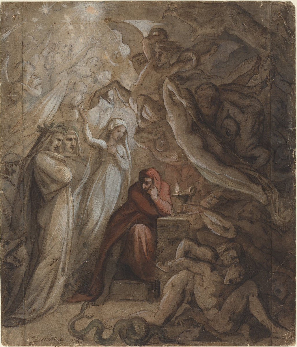 Dante Meditating on the "Divine Comedy" by Jean-Jacques Feuchère (French, 1807 - 1852), 16X12"(A3)Poster Print