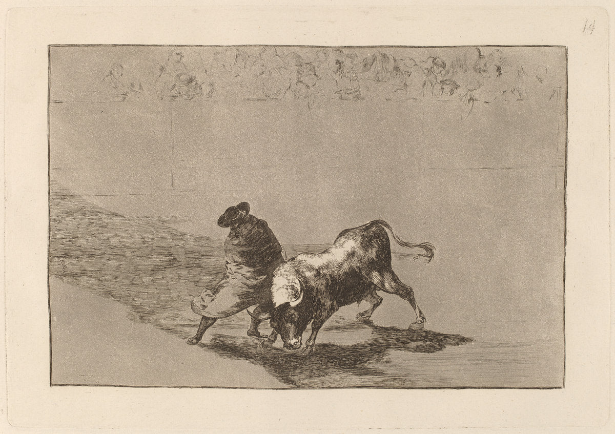 El diestrisimo estudiante de Falces, embozadoburla al toro con sus quiebros (The Very Skillful Student of Falces, Wrapped in His Cape, Tricks the Bull with the Play of His Body) by Francisco de Goya (Spanish, 1746 - 1828), 16X12"(A3)Poster Print
