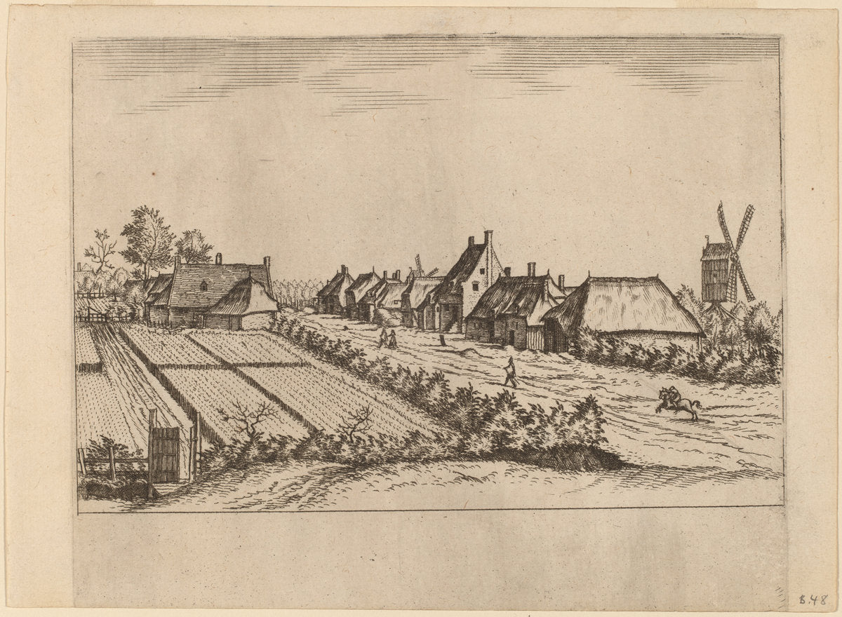 Fields and a Village Road with Post Mill by Johannes van Doetechum, the Elder and Lucas van Doetechum after Master of the Small Landscapes (Dutch, died 1605), 16X12"(A3)Poster Print