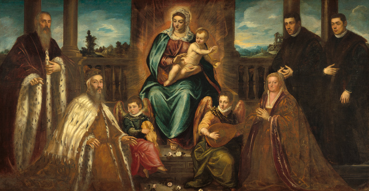 Doge Alvise Mocenigo and Family before the Madonna and Child by Jacopo Tintoretto (Venetian, 1518 - 1594), 16X12"(A3)Poster Print