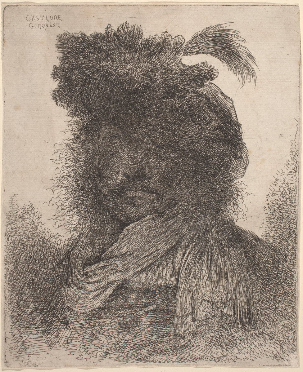 Bearded Man with Shadowed Face, Wearing a Scarf and a Plumed Hat by Giovanni Benedetto Castiglione (Italian, 1609 - 1664), 16X12"(A3)Poster Print