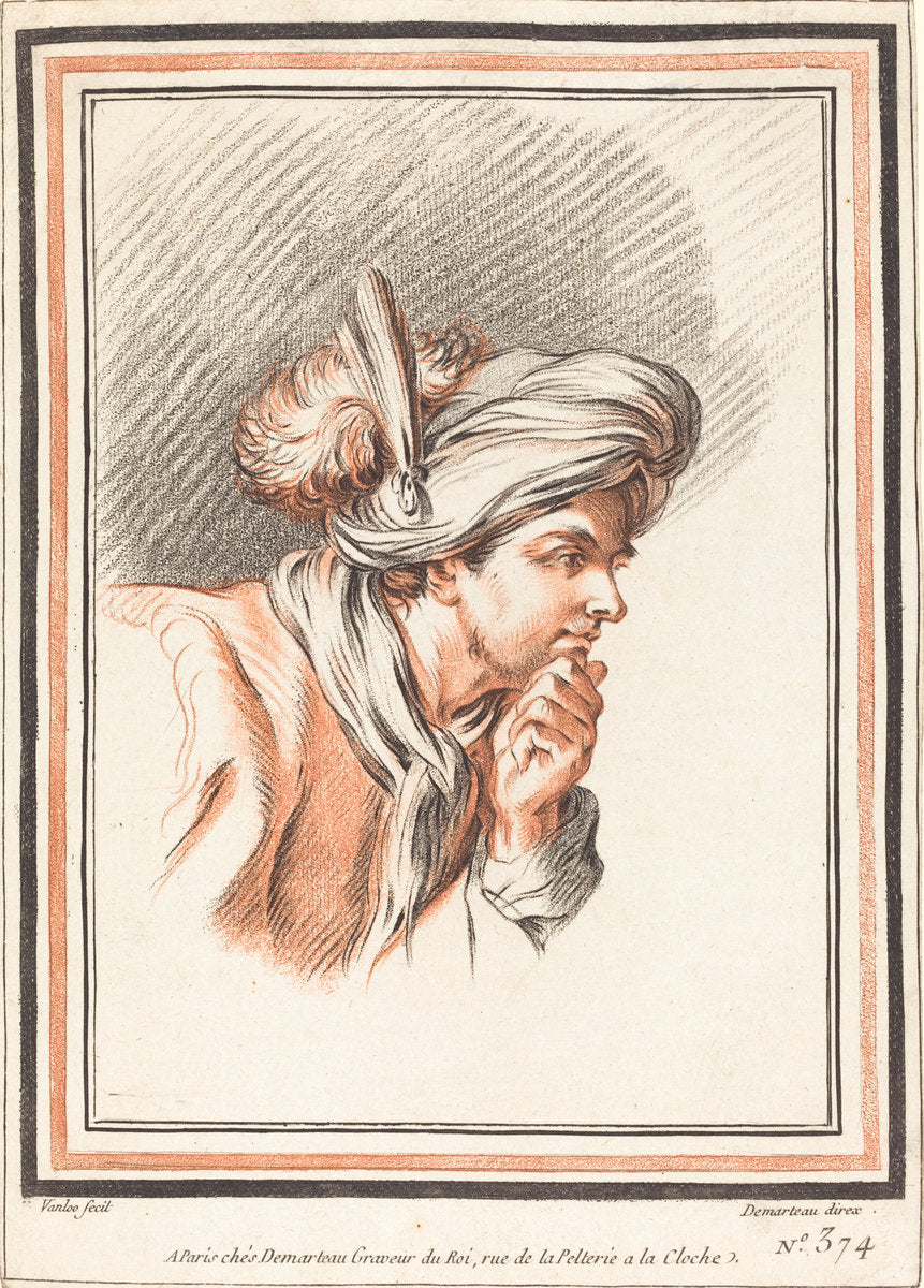 Head of a Man Wearing a Plumed Turban by Atelier of Gilles Demarteau the Elder after Carle Van Loo (French, 1722 - 1776), 16X12"(A3)Poster Print