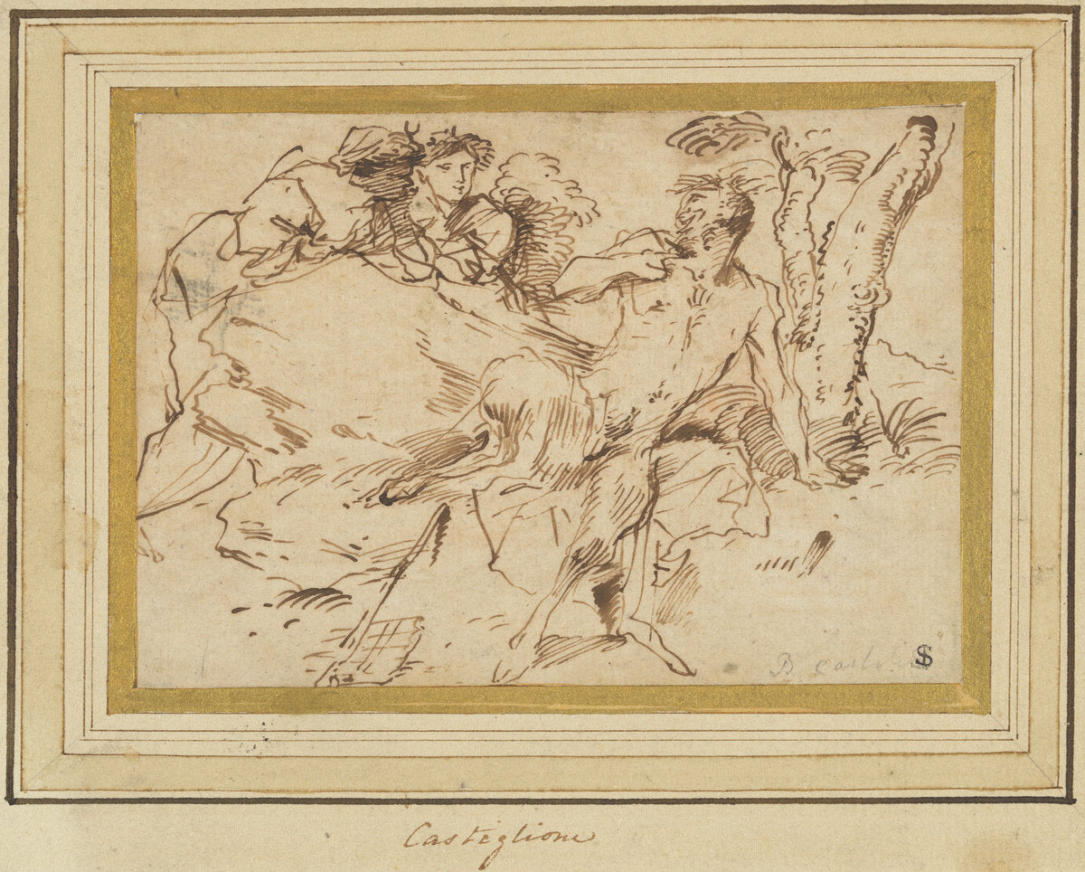 Two Nymphs and a Satyr by Giovanni Benedetto Castiglione (Italian, 1609 - 1664), 16X12"(A3)Poster Print