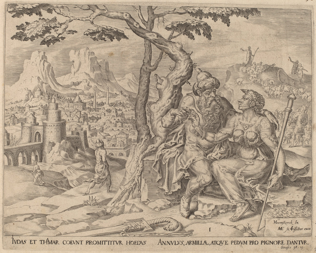 Judah Giving Tamar the Pledge by Herman Jansz Muller after Maerten van Heemskerck (Netherlandish, c. 1540 - 1617), 16X12"(A3)Poster Print