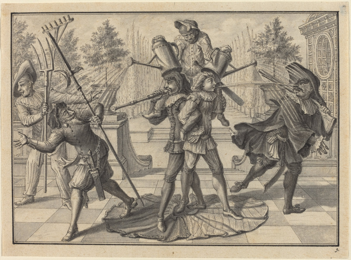 Harlequin and Scaramouche Create a "Fountain" by Johann Jacob Schübler (German, 1689 - 1741), 16X12"(A3)Poster Print