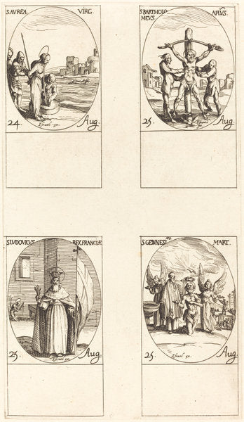 St. Aurea; St. Bartholomew; St. Louis; St. Genesius by Jacques Callot (French, 1592 - 1635), 16X12"(A3)Poster Print
