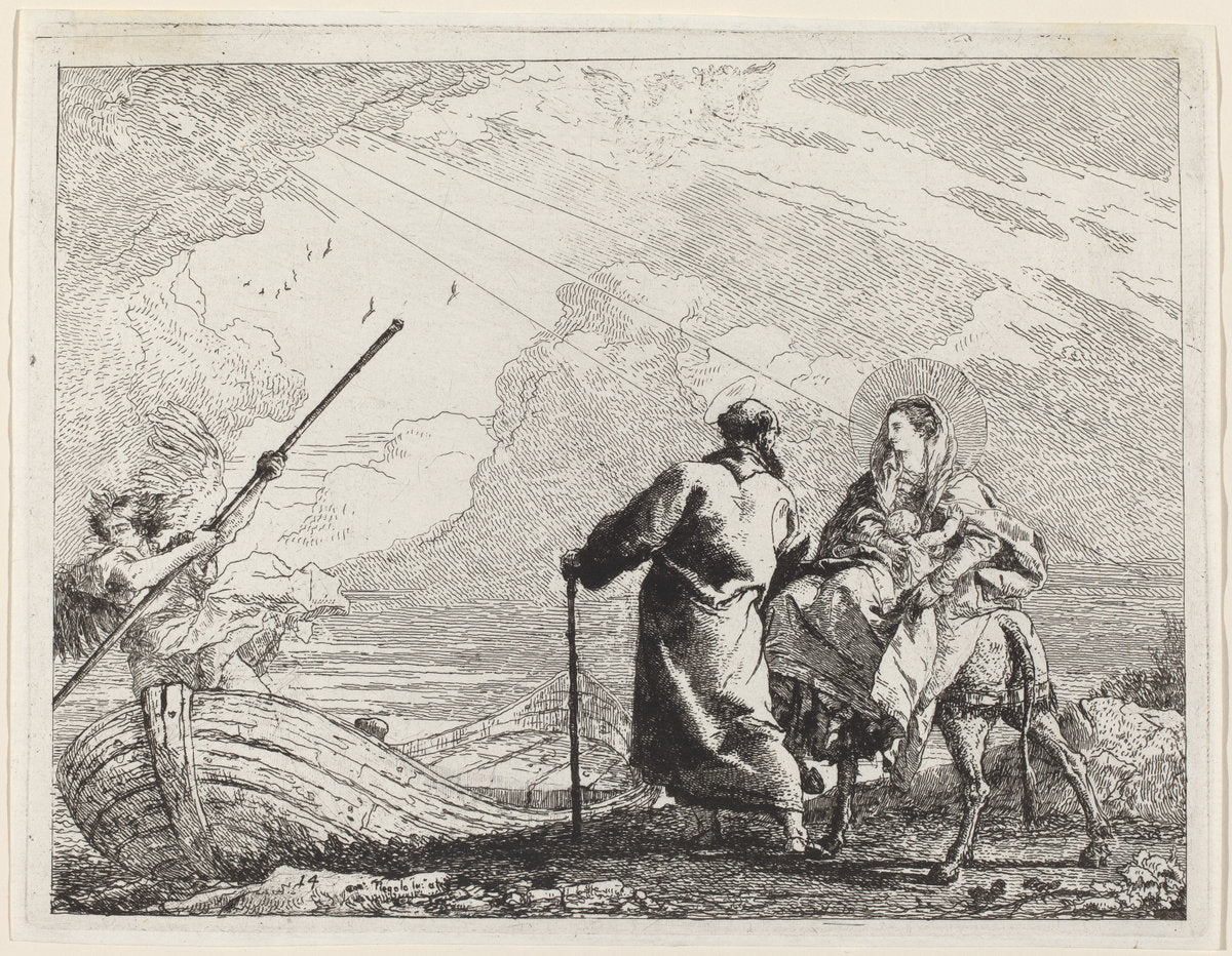 The Holy Family at the Bank of the River by Giovanni Domenico Tiepolo (Italian, 1727 - 1804), 16X12"(A3)Poster Print