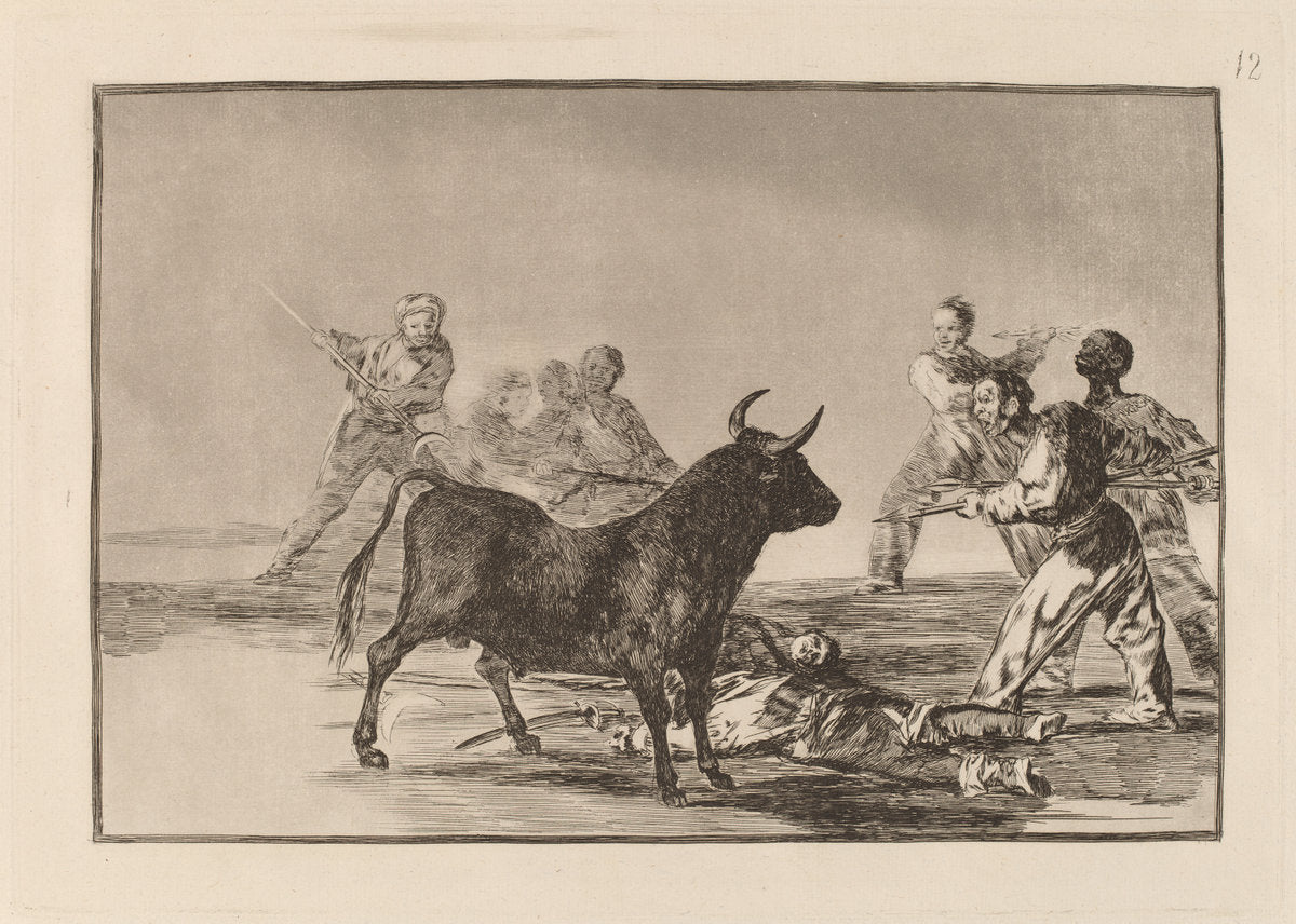 Desjarrete de la canalla con lanzas, medias-lunas, banderillas y otras armas (The Rabble Hamstring the Bull with Lances, Sickles, Banderillas and Other Arms) by Francisco de Goya (Spanish, 1746 - 1828), 16X12"(A3)Poster Print