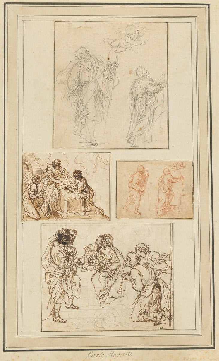 Studies of an Apostle Guided by an Angel and the Adoration of the Shepherds by Agostino Masucci (Roman, 1691 - 1758), 16X12"(A3)Poster Print