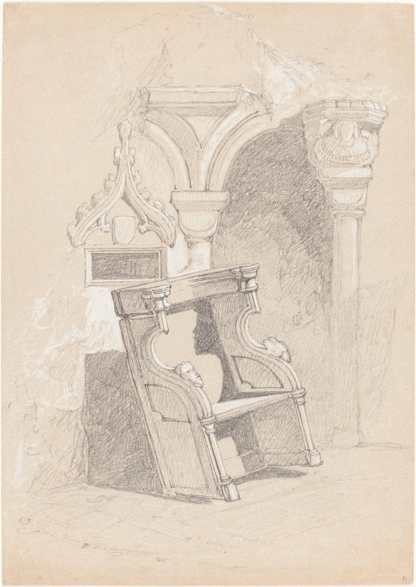 Sketch of Ruined Church Interior with Chair by John Sell Cotman (British, 1782 - 1842), 16X12"(A3)Poster Print